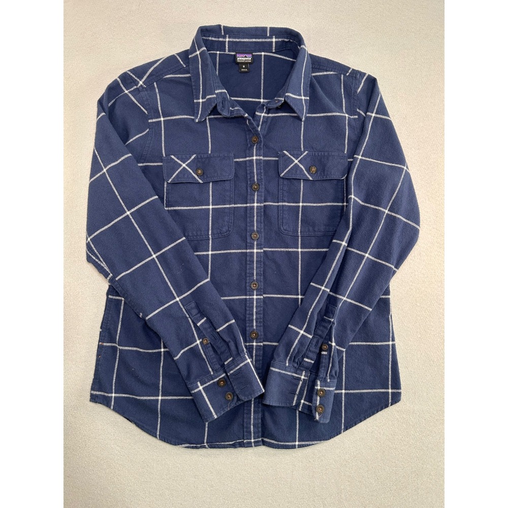 Patagonia Flannel Shirt Womens M Blue Windowpane Plaid Organic Cotton 42405